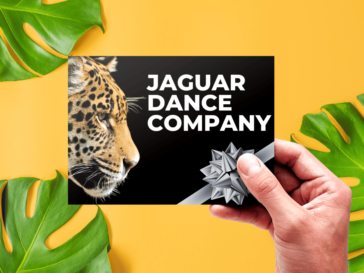jaguar dance company gift certificate on yellow background with monstera leaves